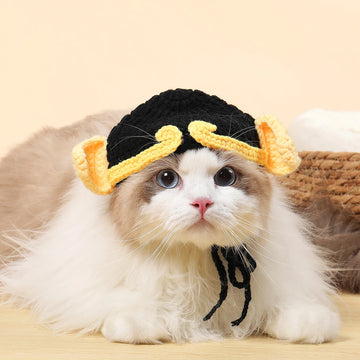 Black cat hat a black and yellow pig knitted cat hat