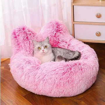 Fluffy cat bed in the shape of a rabbit pink and gray very cute modern and warm