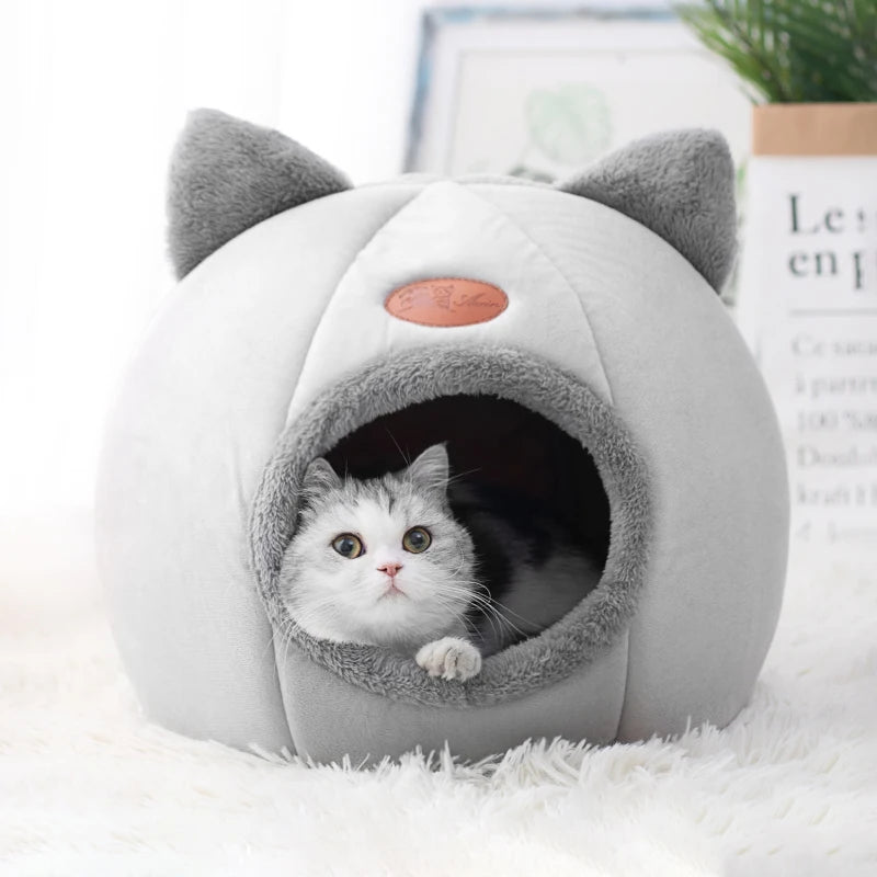 Cama cálida para gatos en la boca de una cama gris para perros y gatos, cama para gatos con forma de casa