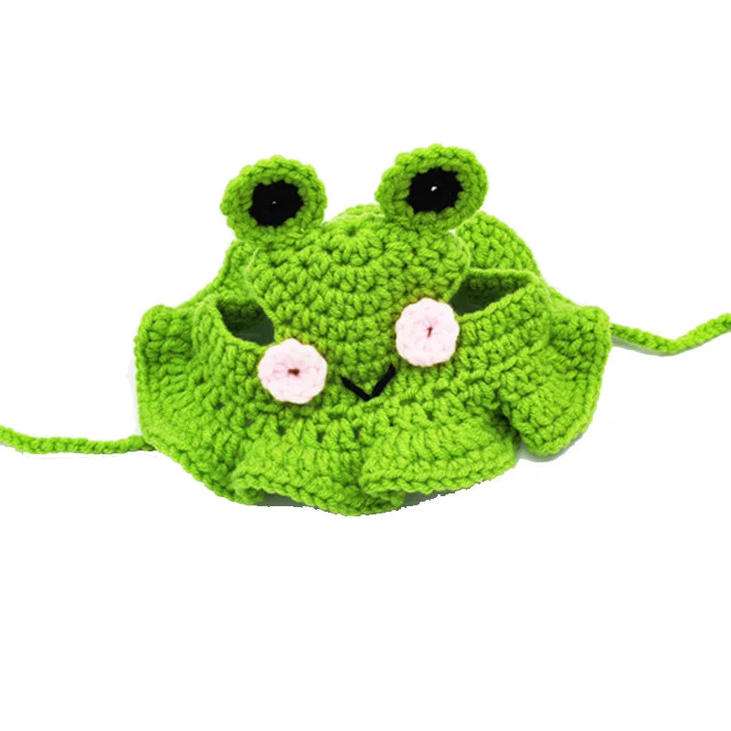 Crochet cat hat with a green frog cat accessory dog hat