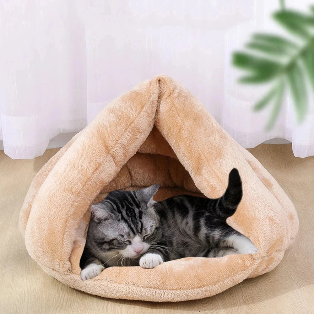 Plush cat cave bed triangle-shaped small cat bed