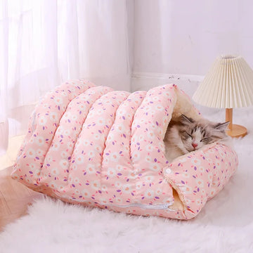 Comfy cave cat bed with little flowers small covered cat bed super cute pink cat bed blue yellow