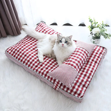 Cozy cat bed with a pillow red green brown plaid cat cushion cat mat washable cat bed