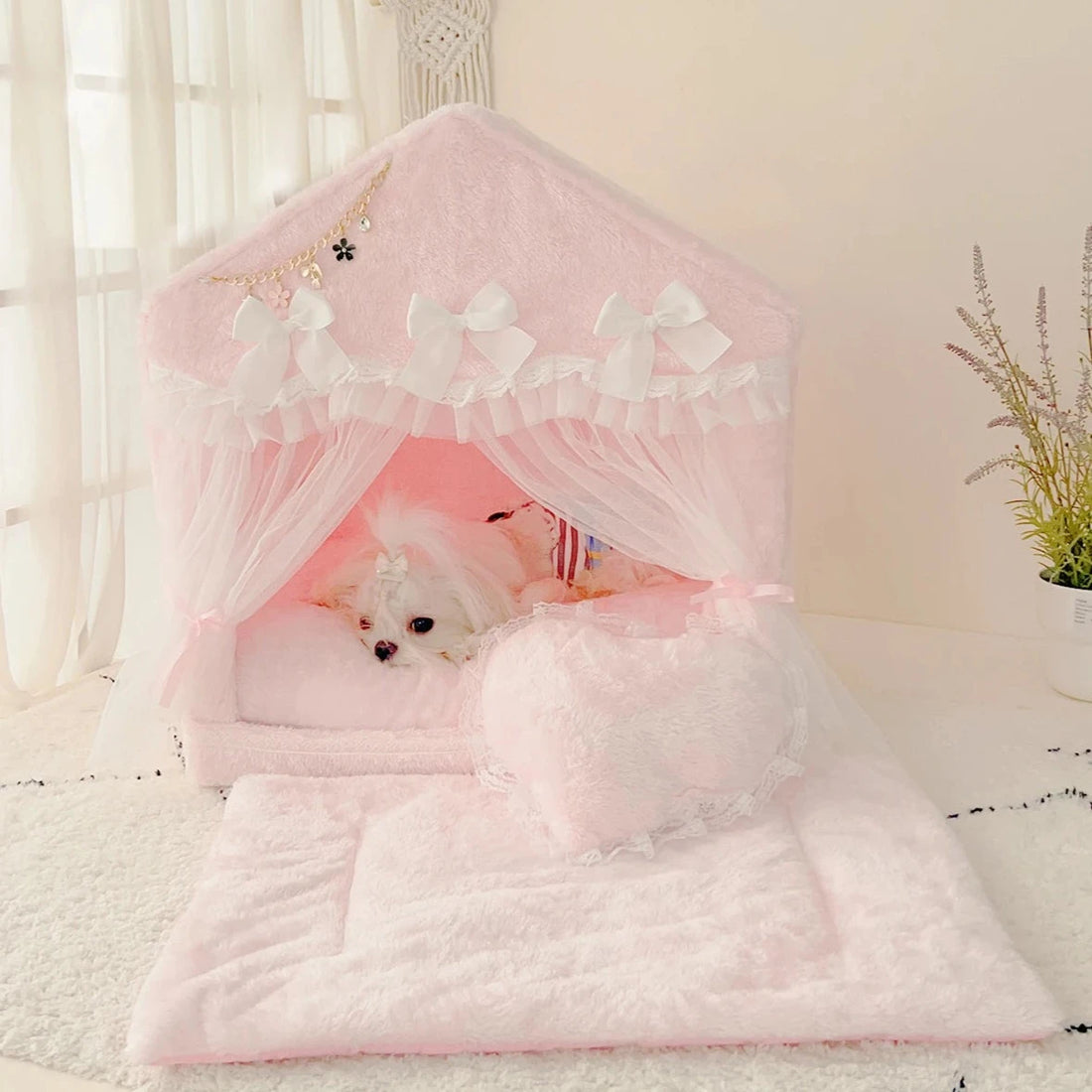 Cama para gatos elegante, cama para gatos de princesa, cama con dosel para gatos esponjosa y cálida