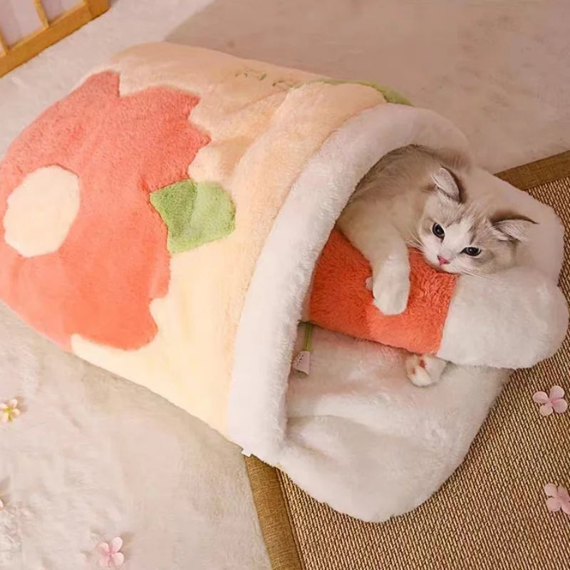 Linda cama para gatos cubierta con saco de dormir tipo cueva para gatos estilo japonés de sakura en flor de cerezo