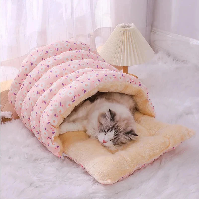 Comfy cave cat bed with little flowers small covered cat bed super cute pink cat bed blue yellow