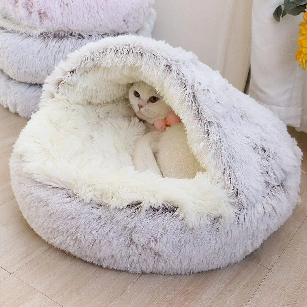 Cave bed for cats cuddle and warm covered bed fluffy cat bed