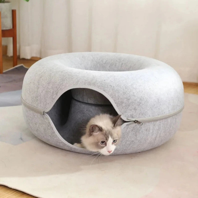 Cama cueva con forma de donut para gatos con cama cueva de fieltro tipo túnel