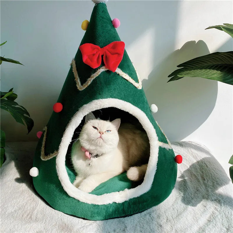 Lit pour chat arbre de Noël en lit grotte rouge et vert