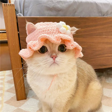 Crochet hat for cats in pink crochet flower hat for cat pet hat dog hat